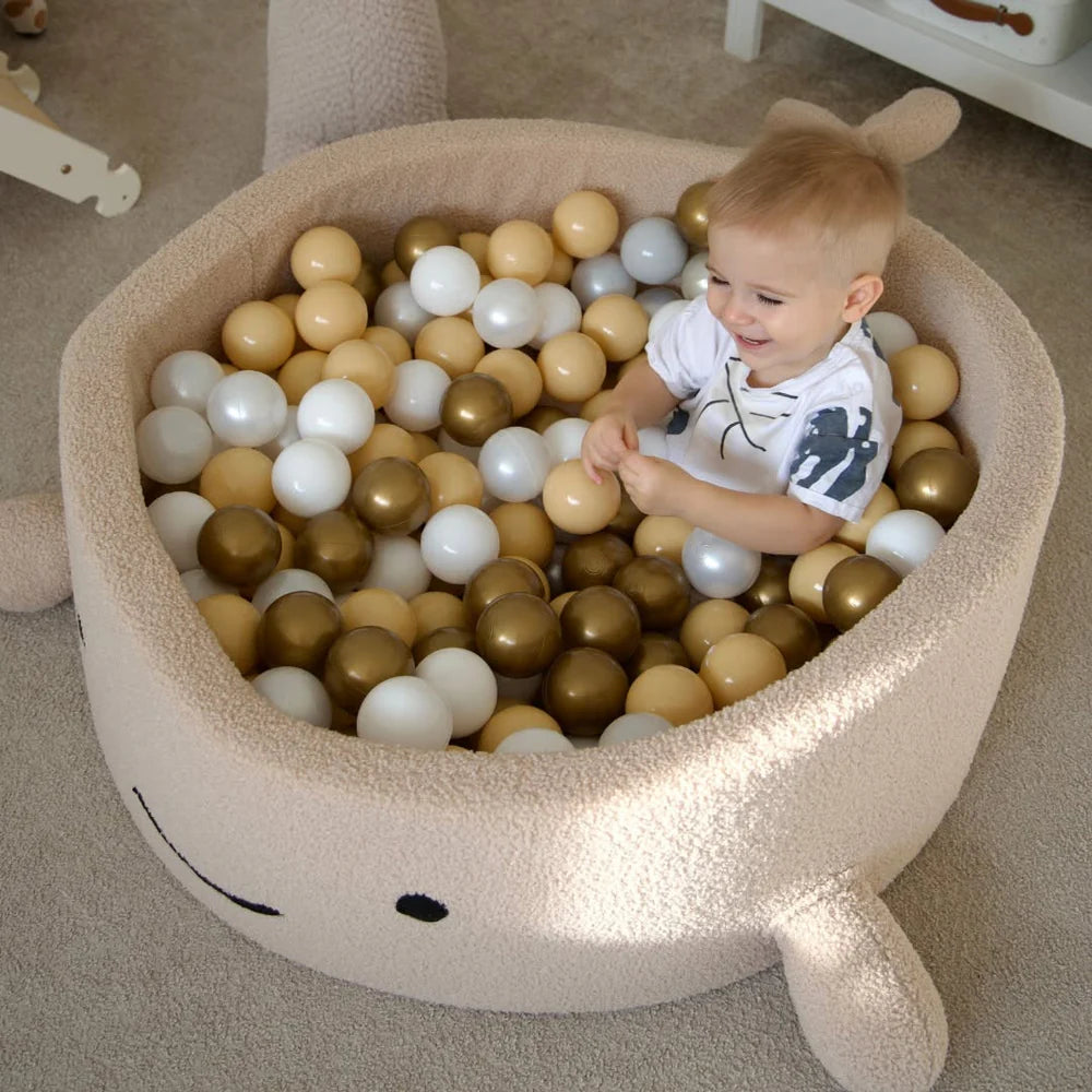 Piscine à balles Baleine 90x30 cm en bouclette, 200 balles - Beige | Balles au choix