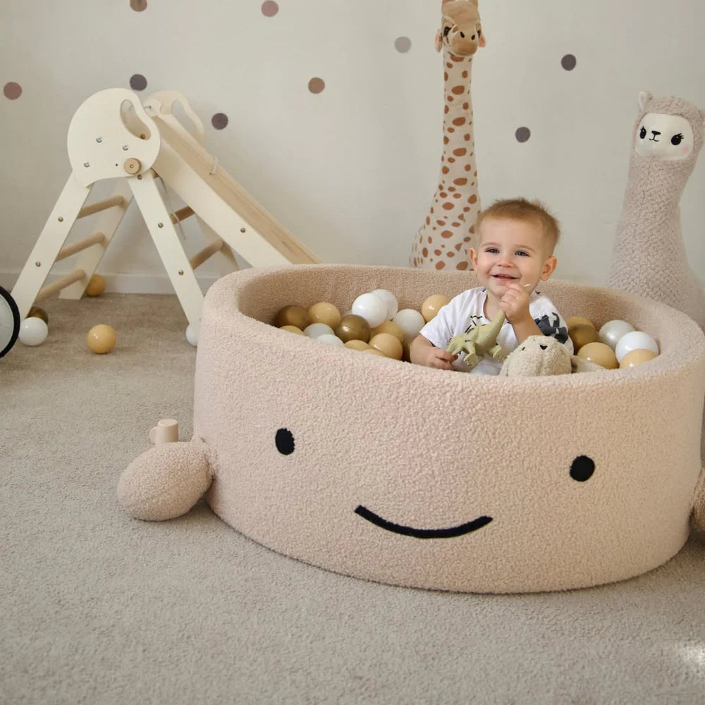 Piscine à balles Baleine 90x30 cm en bouclette, 200 balles - Beige | Balles au choix