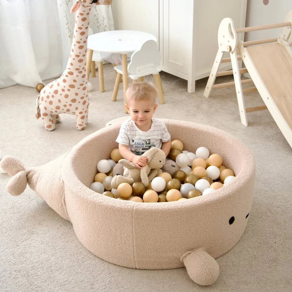 Piscine à balles Baleine 90x30 cm en bouclette, 200 balles - Rose clair | Balles au choix