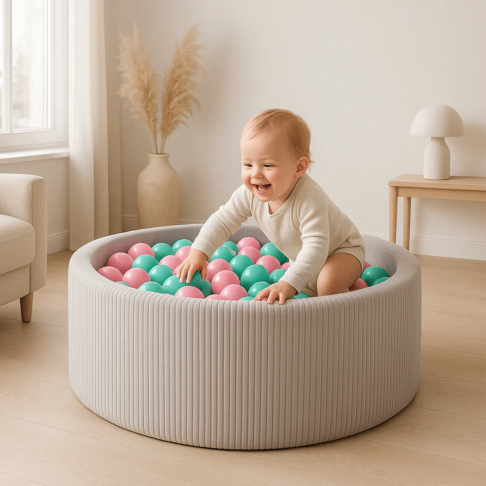 Piscine à balles Aesthetic ronde 90x30 cm en velours Corduroy à larges côtes Aesthetic, 200 balles - Écru | Balles au choix