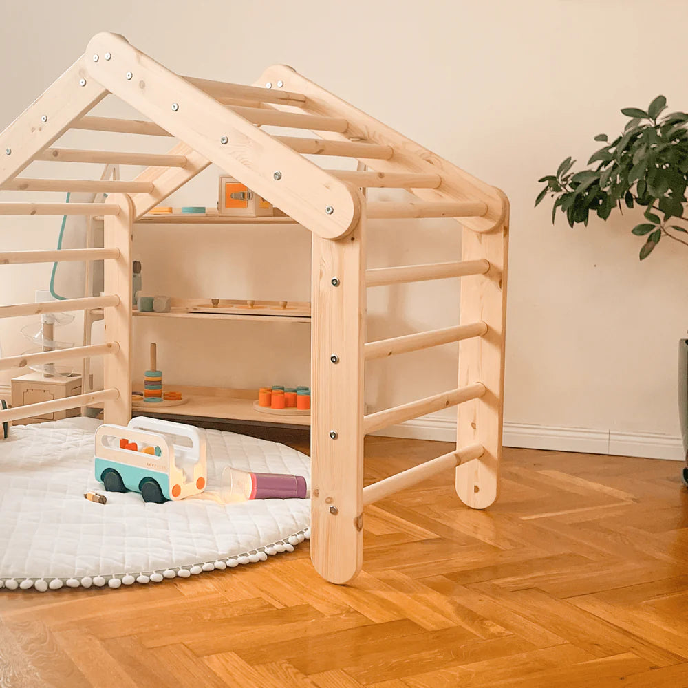 Triangle de Pikler XL ou double en bois, évolutif en cabane, avec option tente