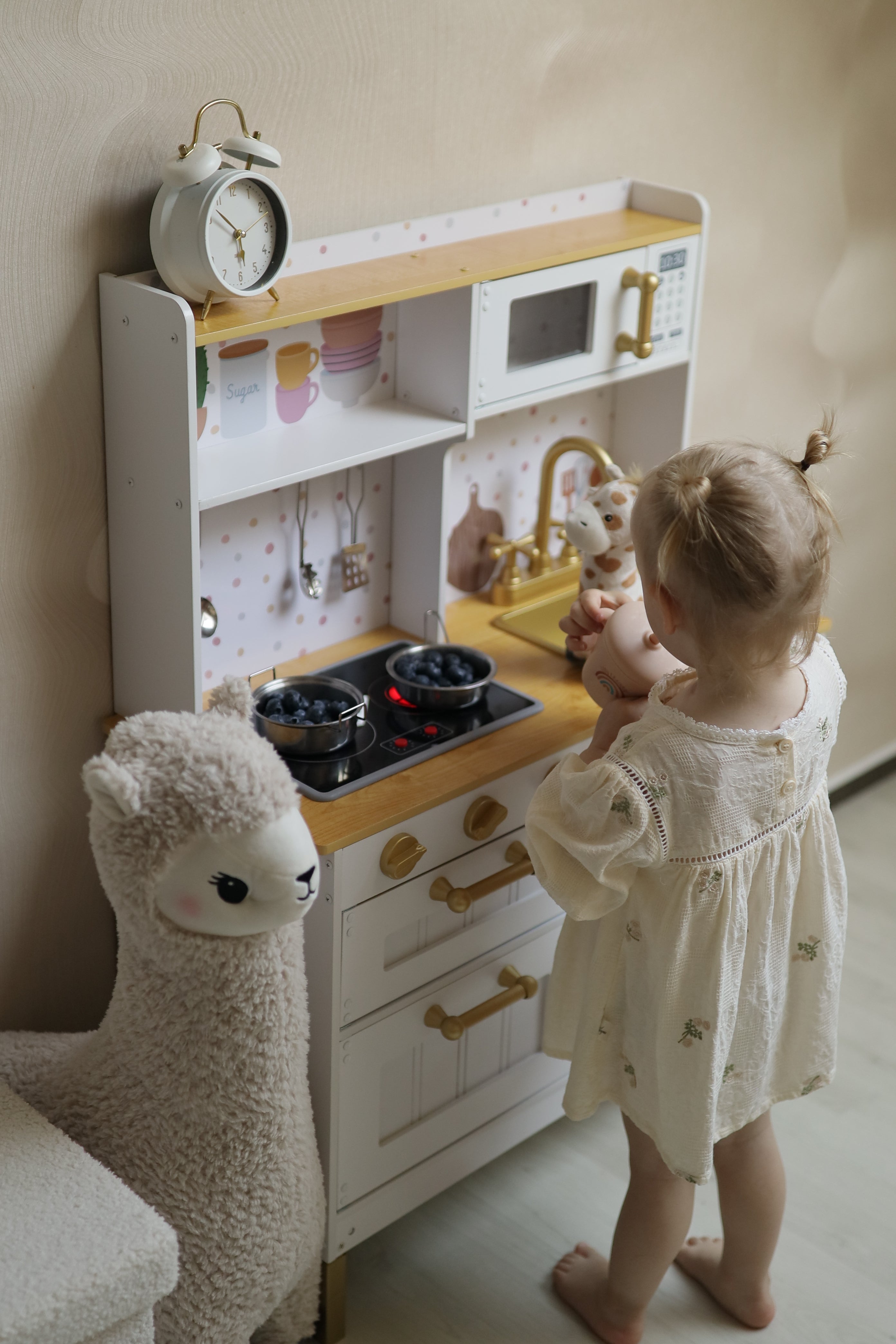 Cuisine en bois avec sons, lumières et accessoires - Blanc/Or