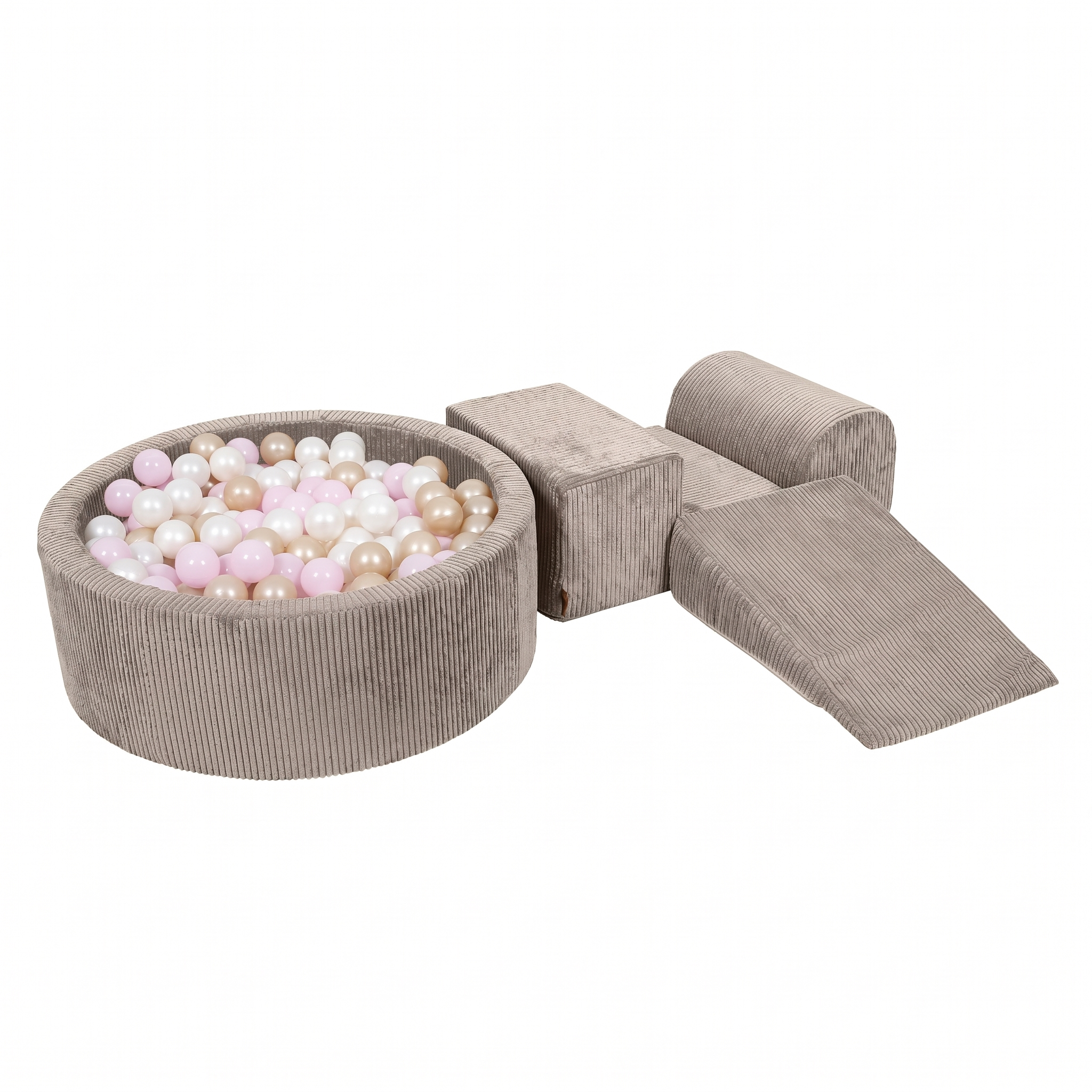 Parcours avec piscine à balles ronde 90x30 cm en velours Corduroy à larges côtes Aesthetic, 200 balles - Taupe | Balles au choix