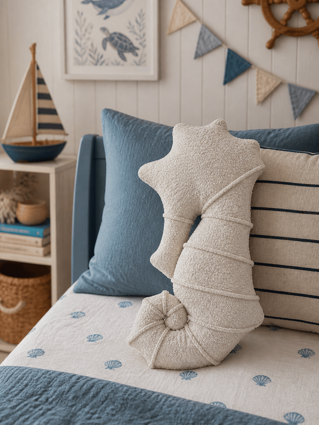 Grand coussin Hippocampe en tissu texturé bouclé