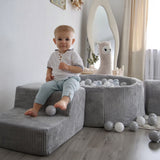 Parcours avec piscine à balles ronde 90x30 cm en velours Corduroy à larges côtes Aesthetic, 200 balles - Gris | Balles au choix