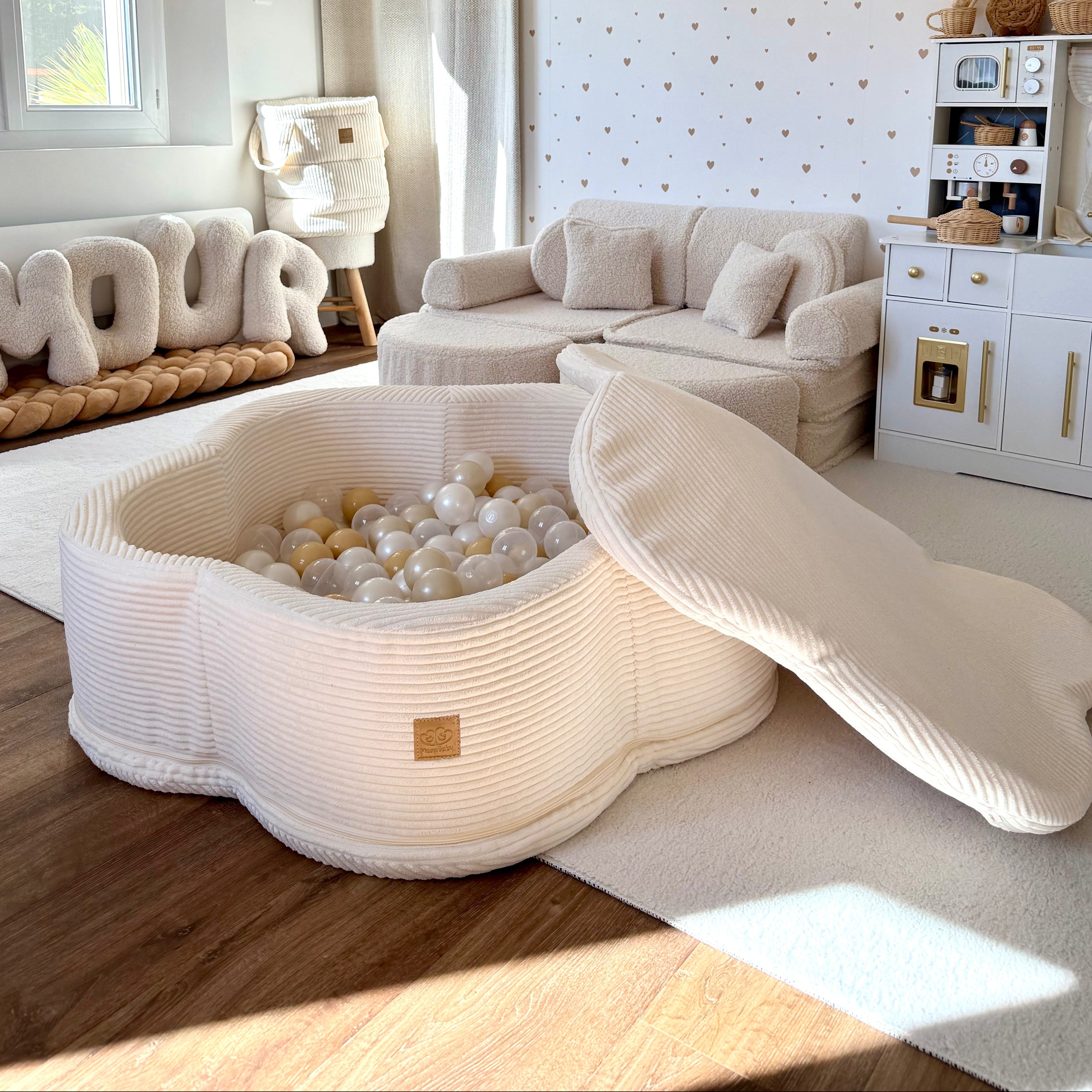 Piscine à balles Fleur 93x30 cm avec son tapis de jeu en velours Aesthetic, 200 balles – Taupe | Balles au choix
