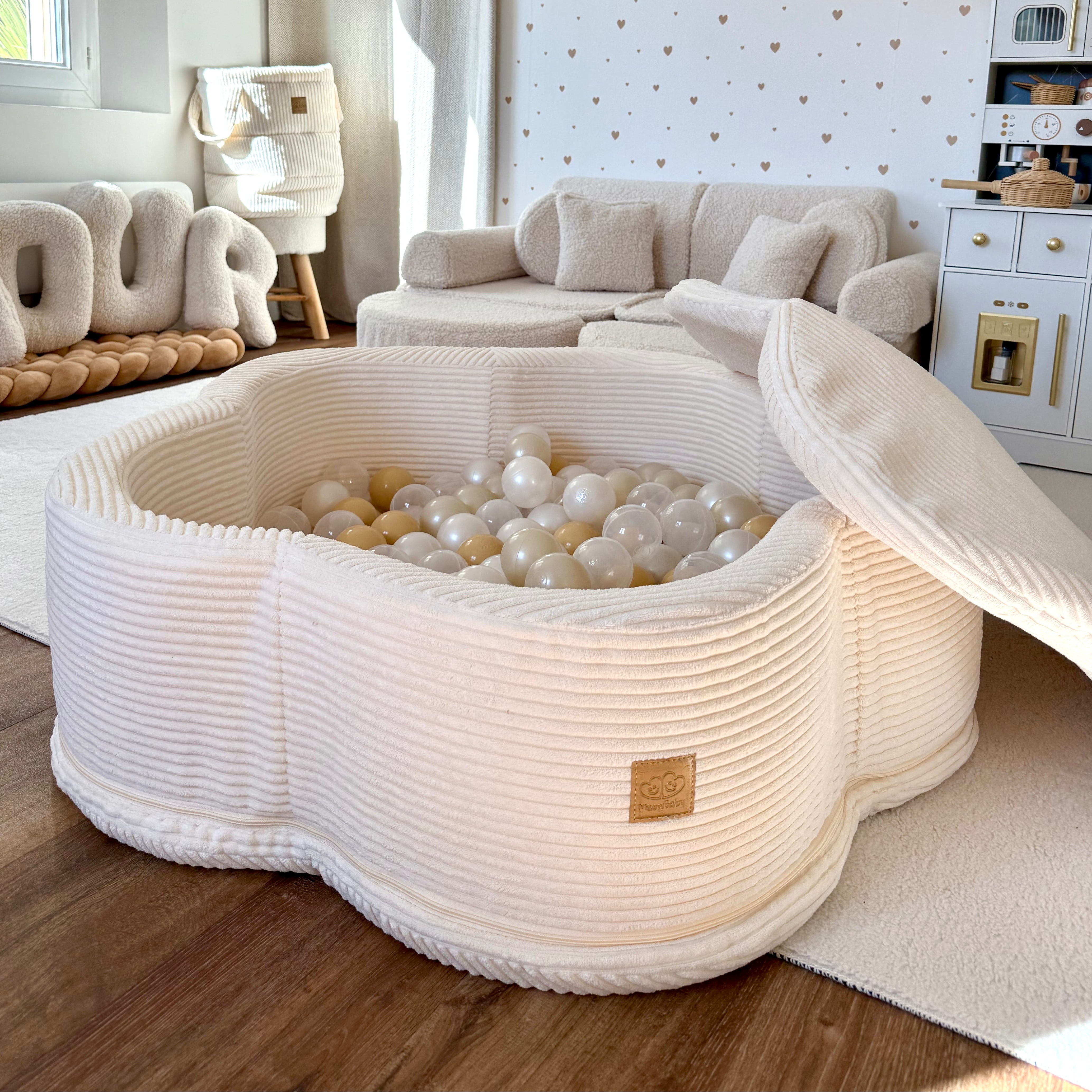 Piscine à balles Fleur 93x30 cm avec son tapis de jeu en velours Aesthetic, 200 balles – Crème | Balles au choix
