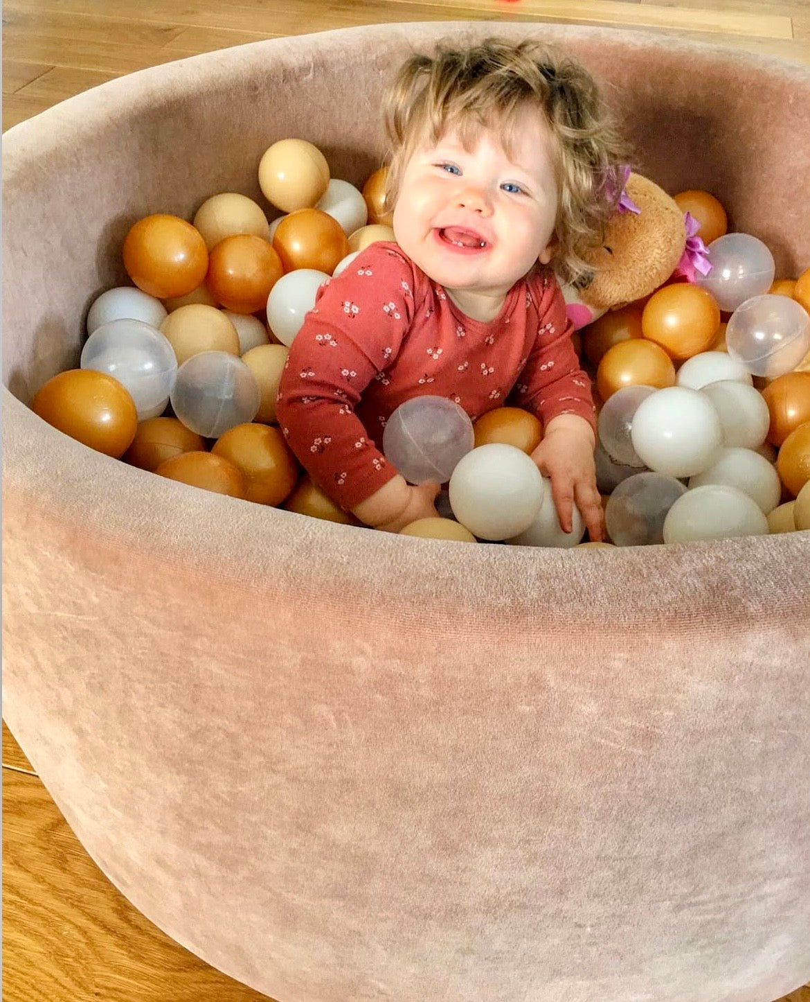Piscine à balles ronde 90x30 cm en velours, 200 balles - Marron glacé | Balles au choix