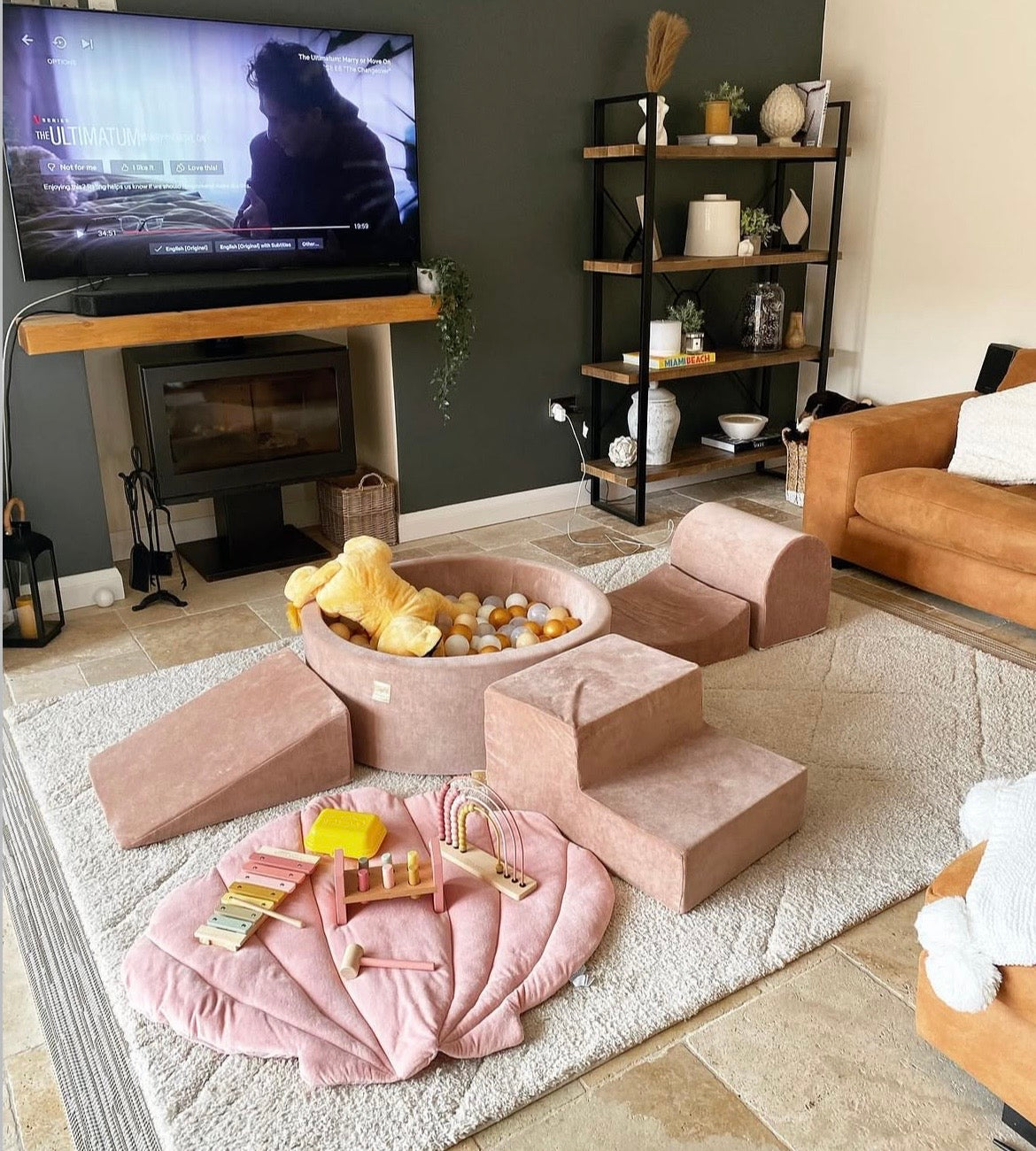 Parcours avec piscine à balles ronde 90x30 cm en velours, 200 balles - Marron glacé | Balles au choix