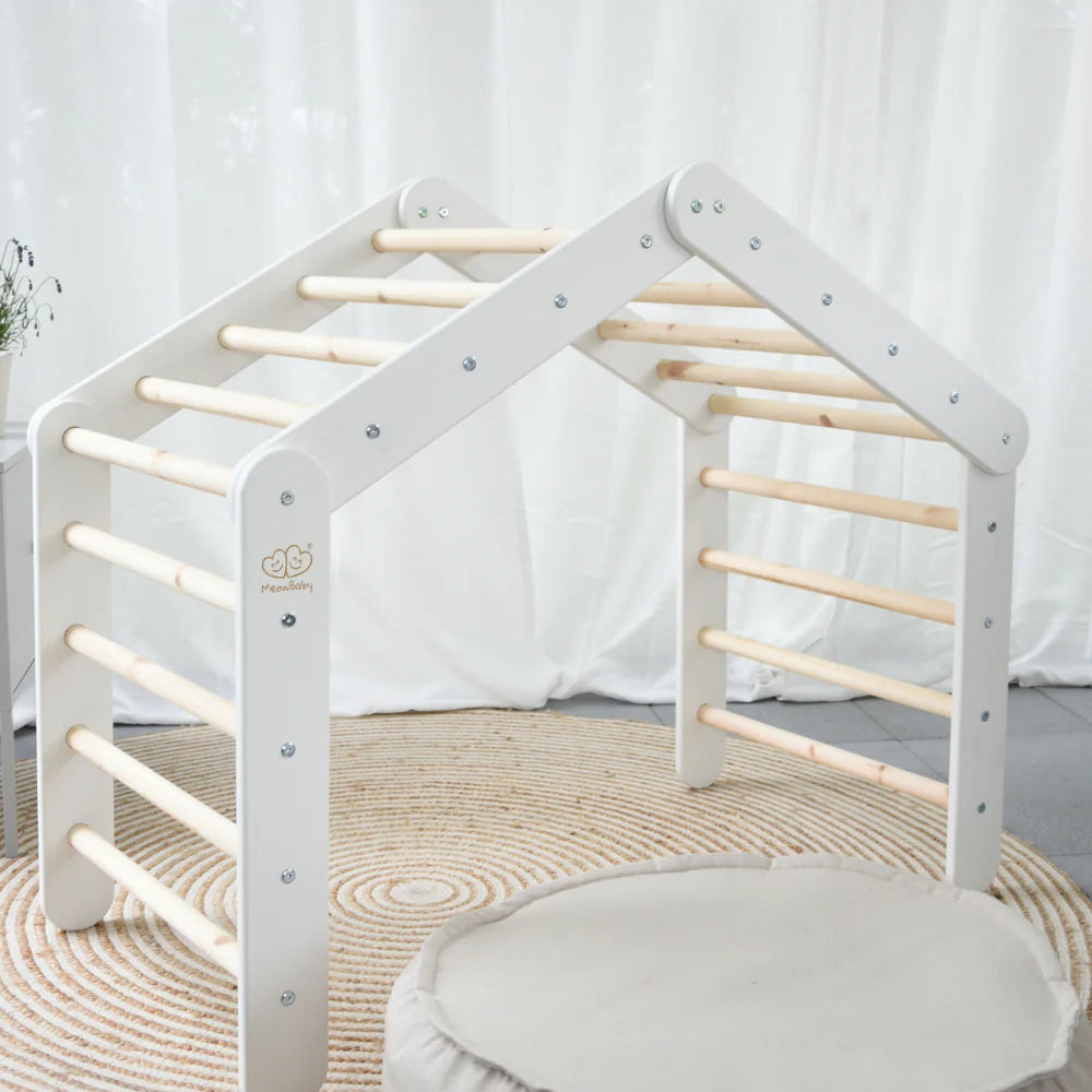 Triangle de Pikler XL ou double en bois, évolutif en cabane, avec option tente