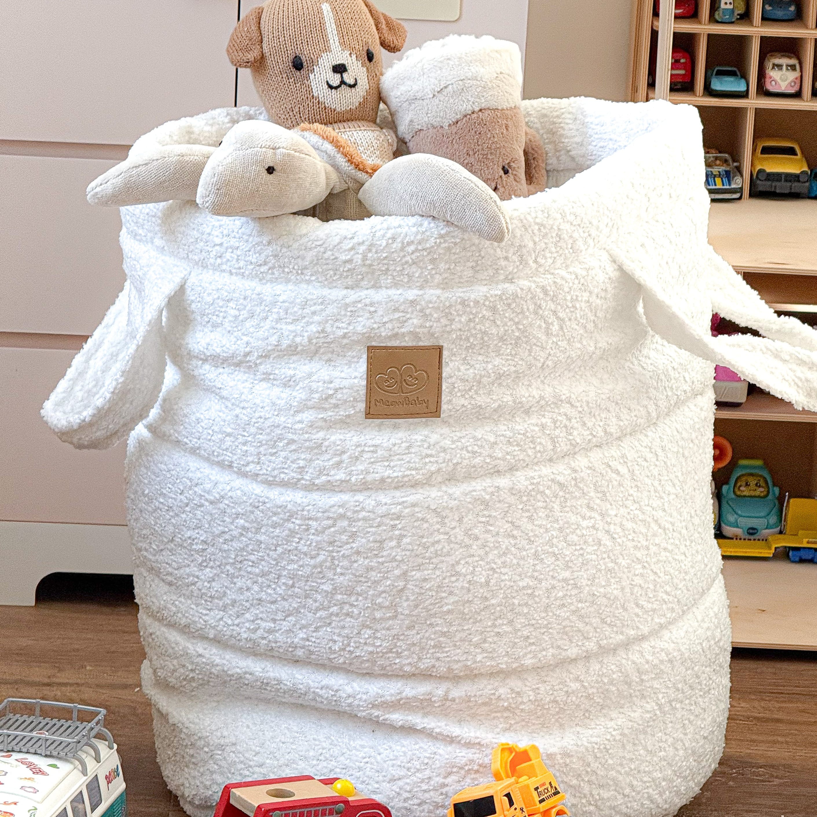 Panier de rangement XL en tissu texturé bouclé - Blanc