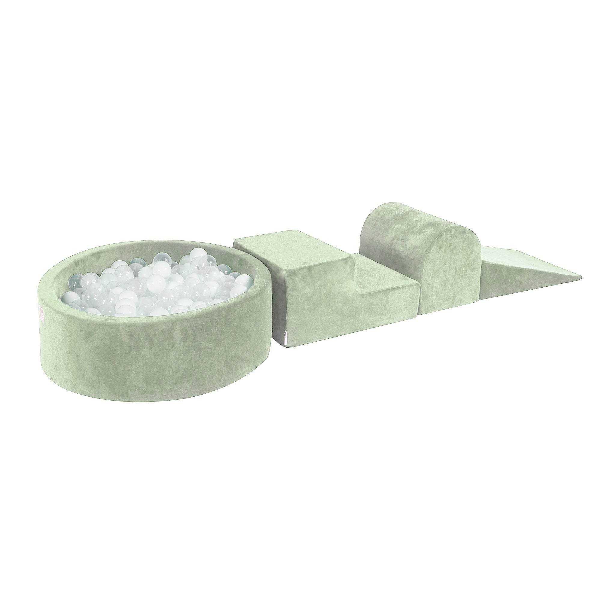 Parcours avec piscine à balles ronde 90x30 cm en velours, 200 balles - Vert sauge | Balles au choix