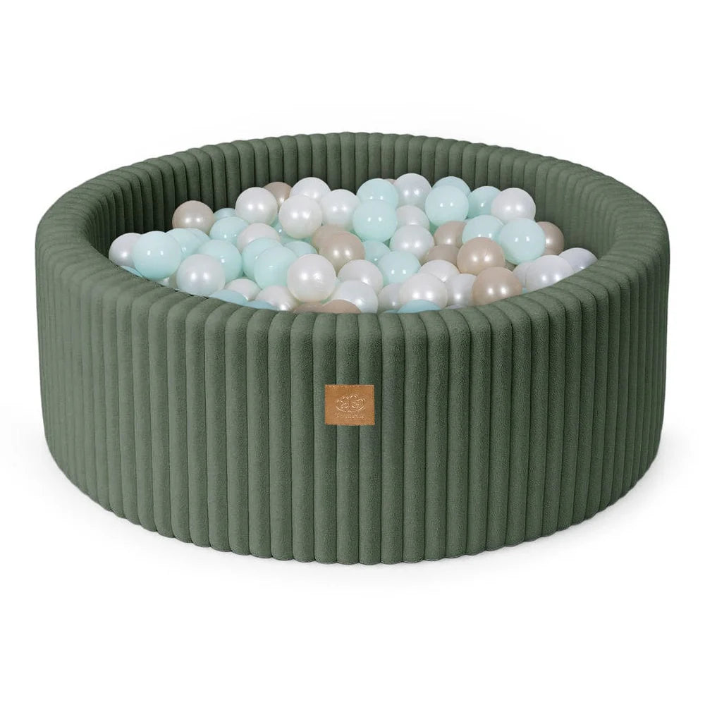 Piscine à balles ronde 90x30 cm en velours côtelé Churros, 200 balles – Olive | Balles au choix
