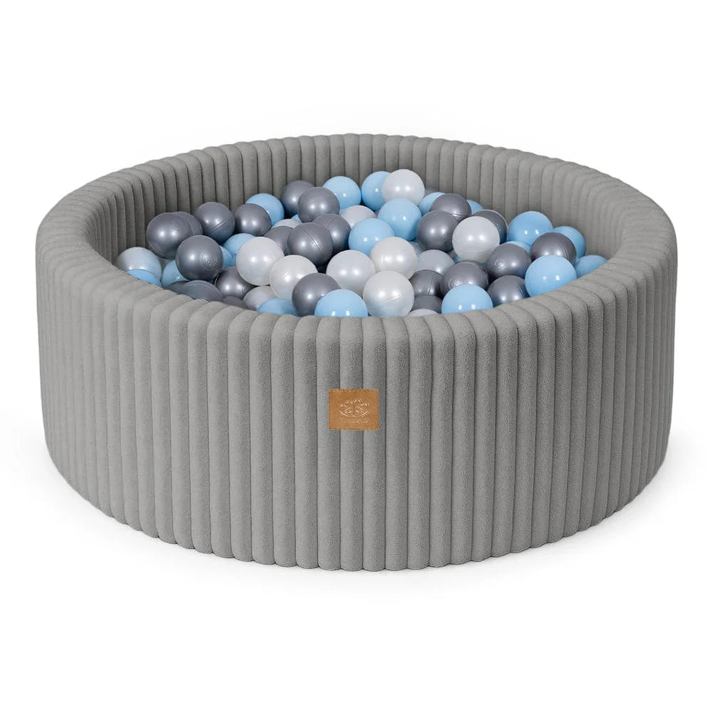 Piscine à balles ronde 90x30 cm en velours côtelé Churros, 200 balles – Gris | Balles au choix