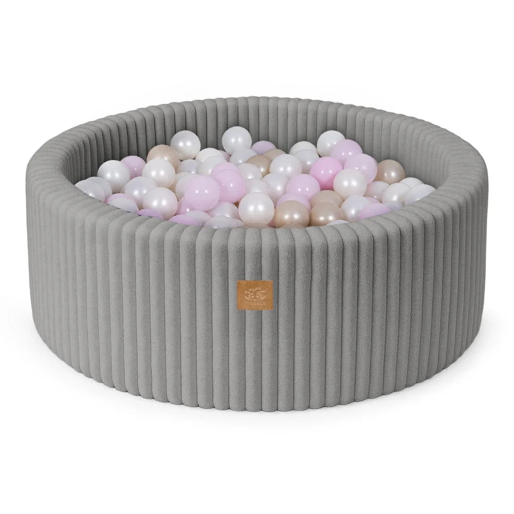 Piscine à balles ronde 90x30 cm en velours côtelé Churros, 200 balles – Gris | Balles au choix