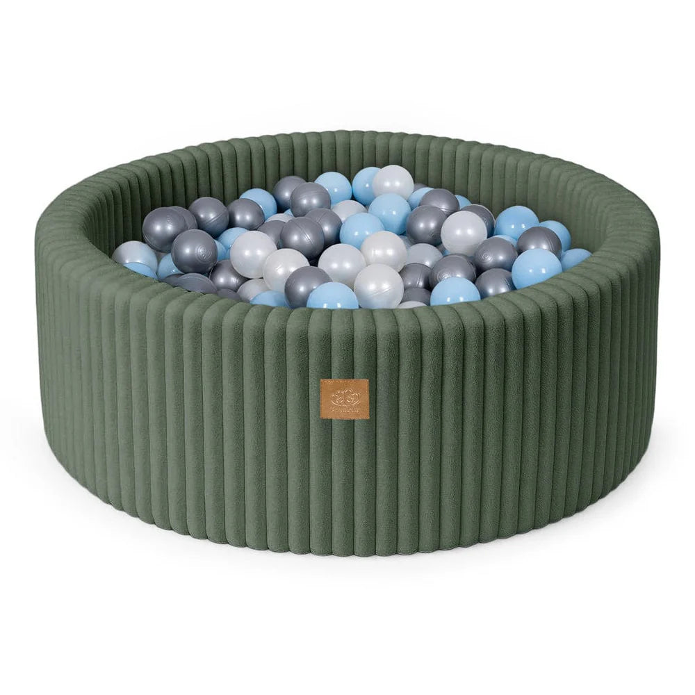 Piscine à balles ronde 90x30 cm en velours côtelé Churros, 200 balles – Olive | Balles au choix