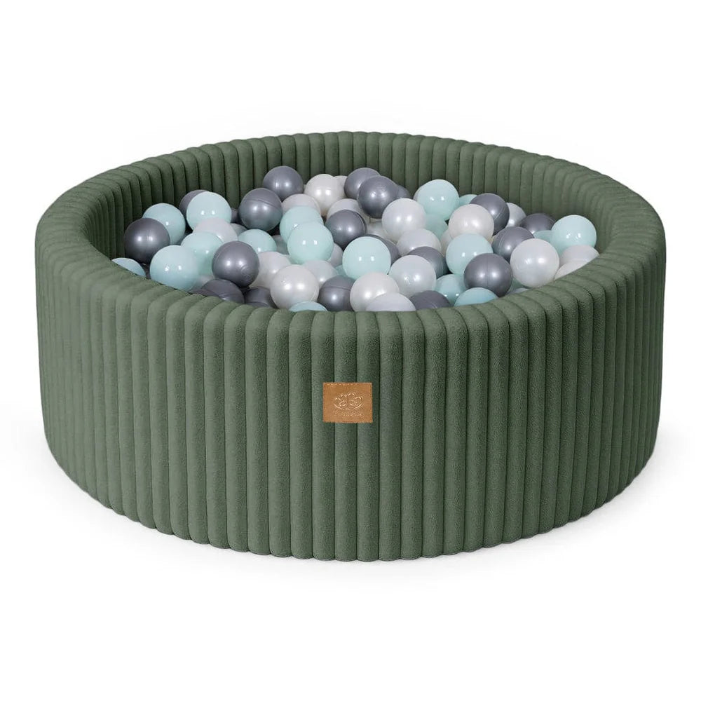Piscine à balles ronde 90x30 cm en velours côtelé Churros, 200 balles – Olive | Balles au choix