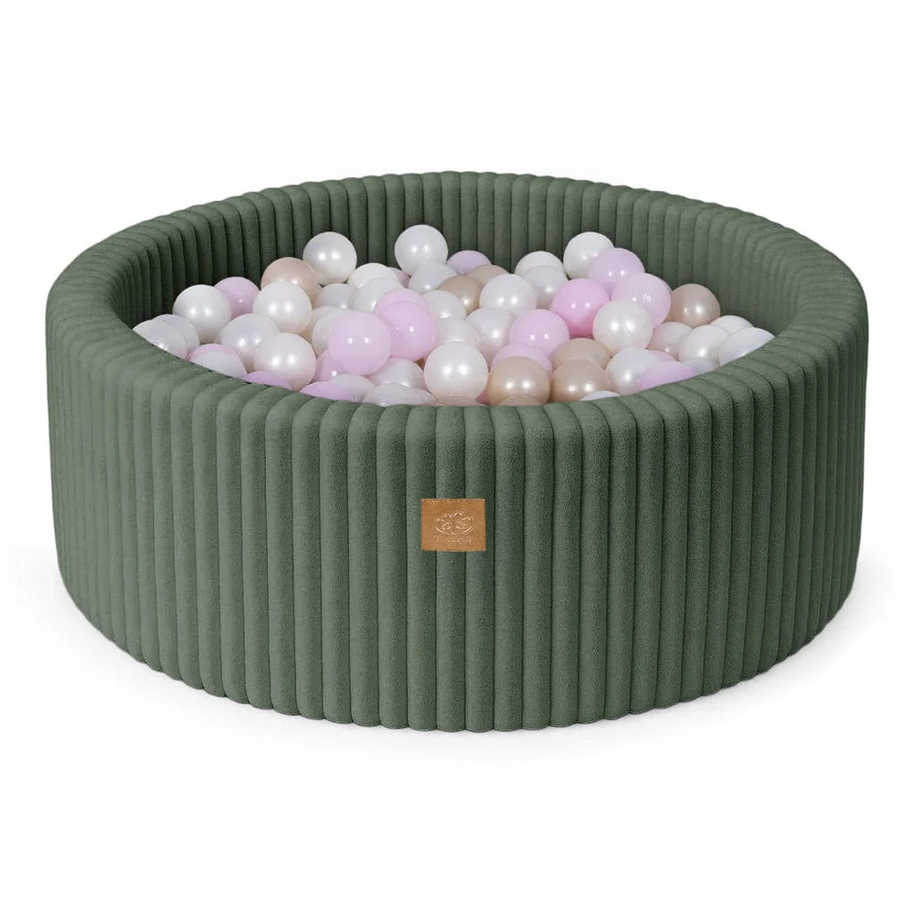 Piscine à balles ronde 90x30 cm en velours côtelé Churros, 200 balles – Olive | Balles au choix