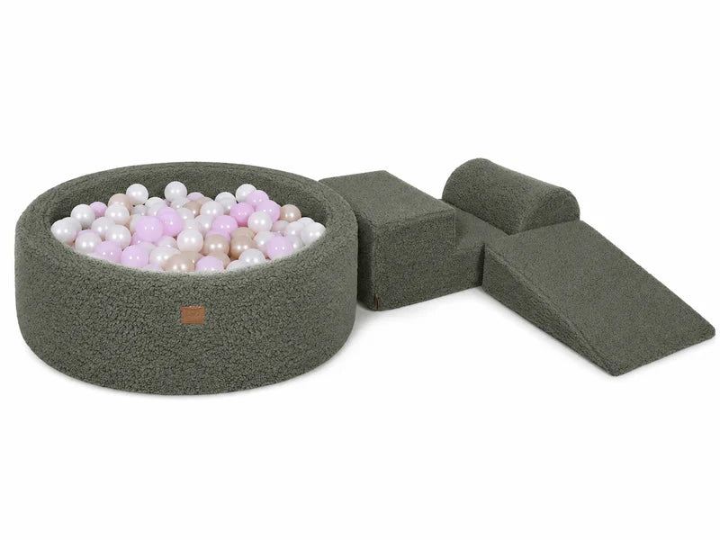 Parcours avec piscine à balles ronde 90x30 cm en peluche Bearly, 200 balles - Kaki | Balles au choix