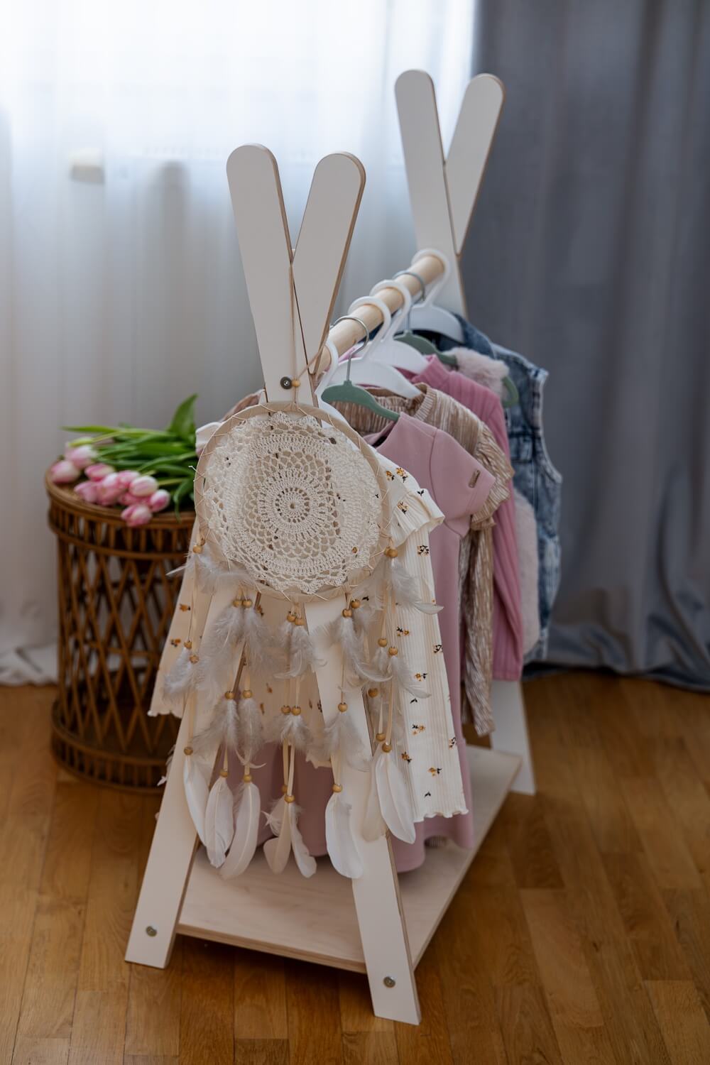 Meowbaby Tipi Hanger - Wooden Clothes Rail With Shelve For Kids Bedroom