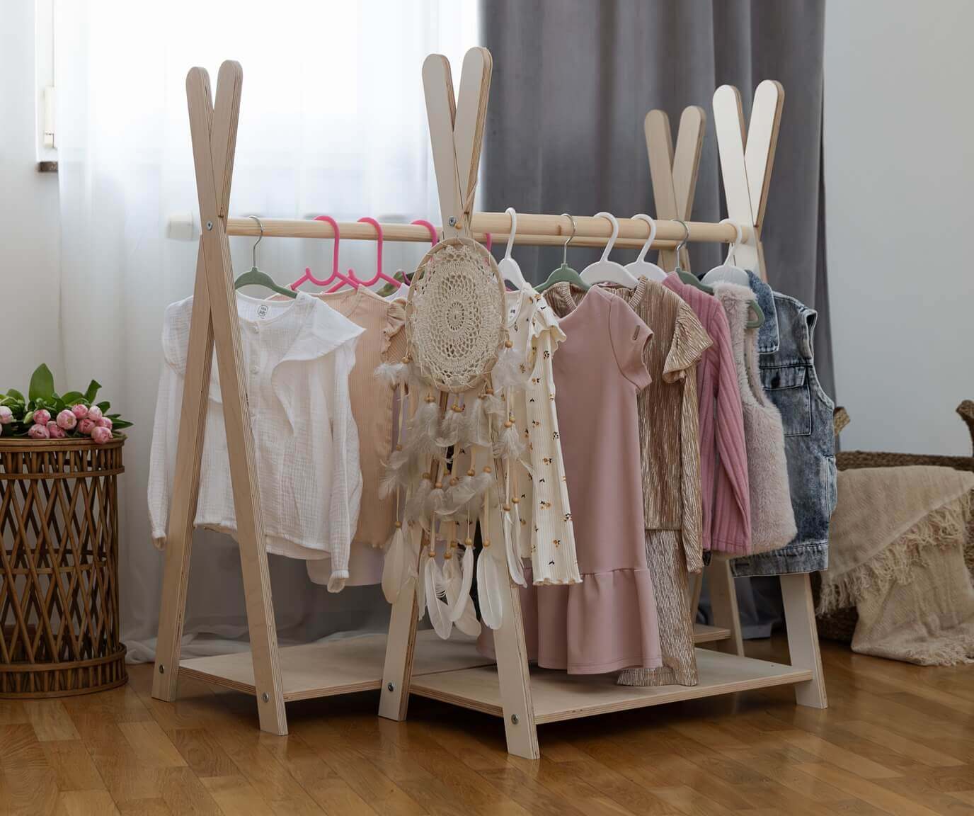 Meowbaby Tipi Hanger - Wooden Clothes Rail With Shelve For Kids Bedroom