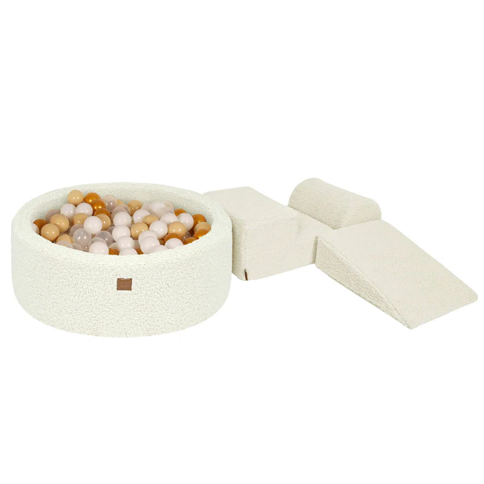 Parcours avec piscine à balles ronde 90x30 cm en peluche Bearly, 200 balles - Crème | Balles au choix