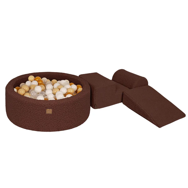 Parcours avec piscine à balles ronde 90x30 cm en peluche Bearly, 200 balles - Marron | Balles au choix