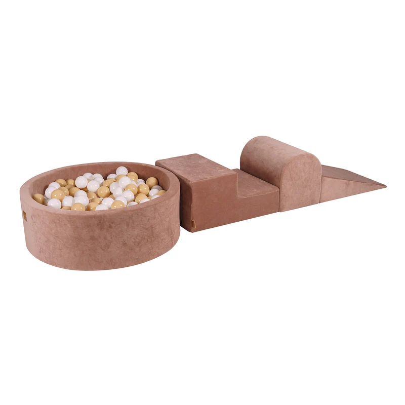 Parcours avec piscine à balles ronde 90x30 cm en velours, 200 balles - Marron glacé | Balles au choix