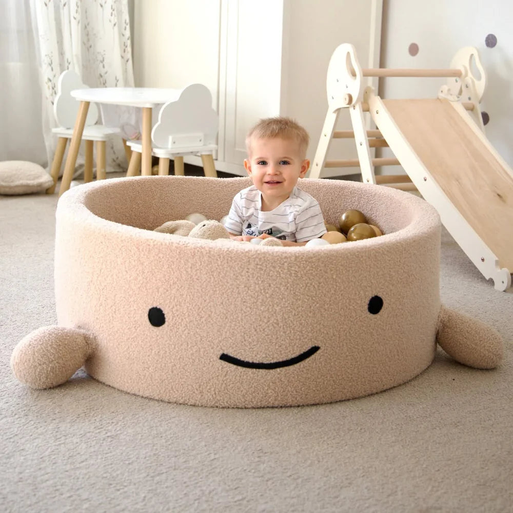 Piscine à balles Baleine 90x30 cm en bouclette, 200 balles - Beige | Balles au choix