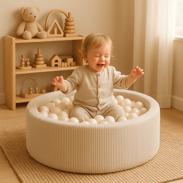 Piscine à balles Aesthetic ronde 90x30 cm en velours Corduroy à larges côtes Aesthetic, 200 balles - Écru | Balles au choix