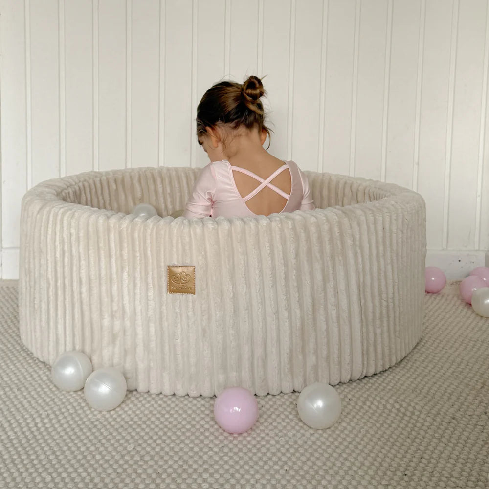 Piscine à balles ronde 90x30 cm en velours côtelé Churros, 200 balles – Crème | Balles au choix